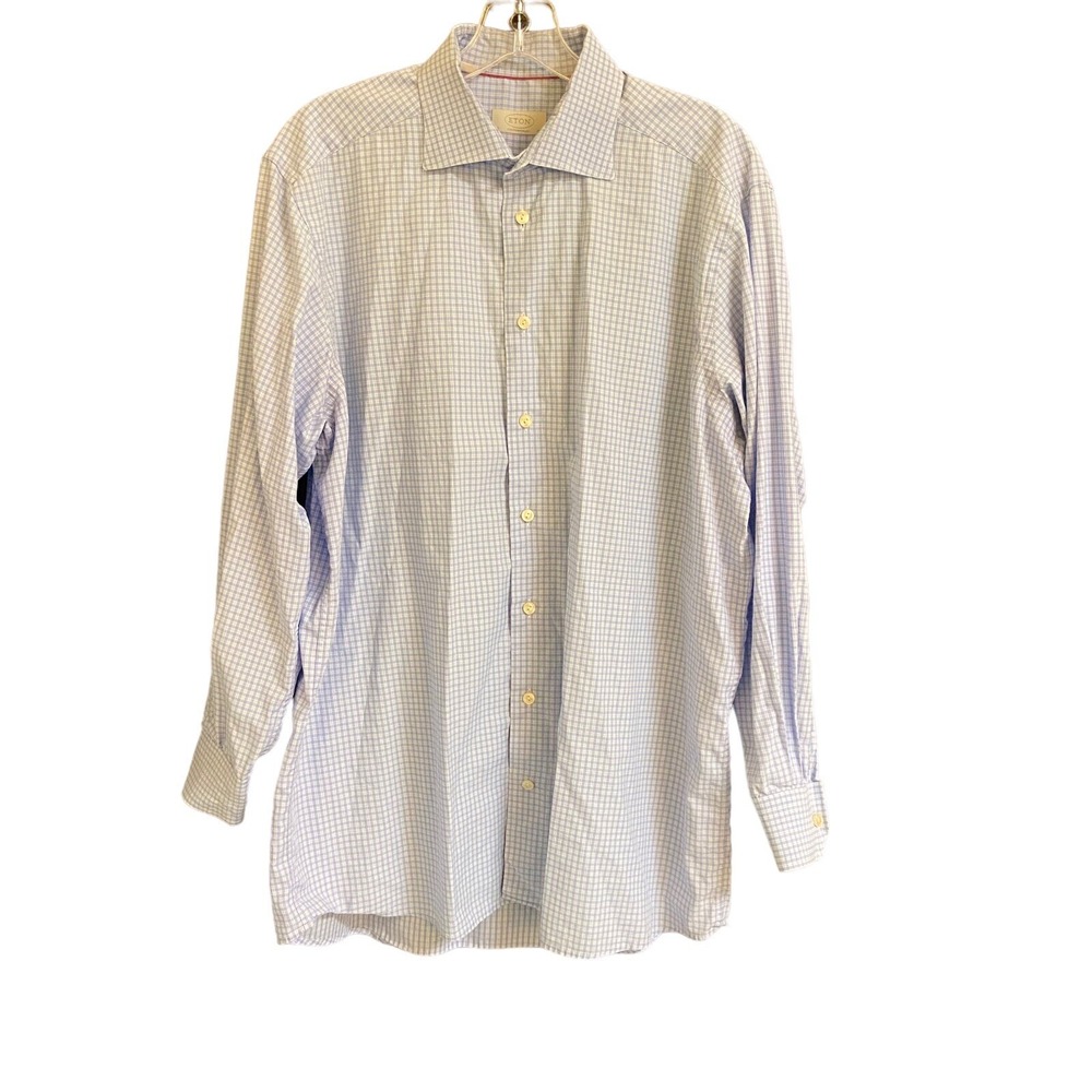 ETON Shirt Men's Adult Size 44 (17.5)‎ Blue Plaid Long Sleeve Button Down
